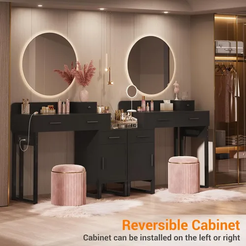 Miniatura 4 de Mesa de tocador con 4 cajones de almacenamiento - Mesa de tocador de maquillaje moderna con estación de carga, mesa de tocador negra con gabinete