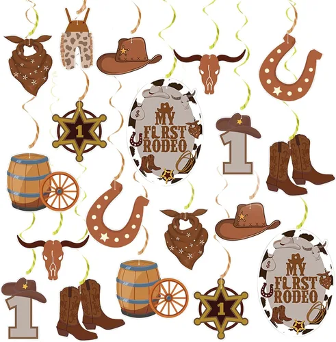 Decoraciones de fiesta de vaquero, Mi primera fiesta de cumpleaños de rodeo para niños, suministros de fiesta temática occidental, espirales