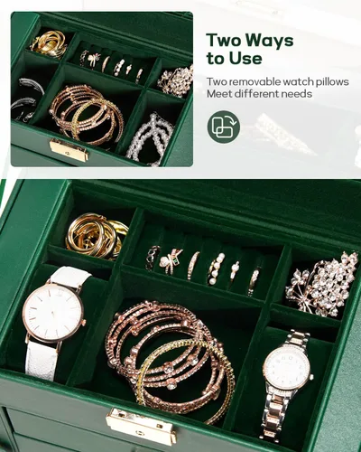 Miniatura 31 de Homde Regalos de Navidad de cuero sintético, enorme joyero, organizador de reloj con espejo, collar, anillo y aretes, estuche de regalo con Dorado