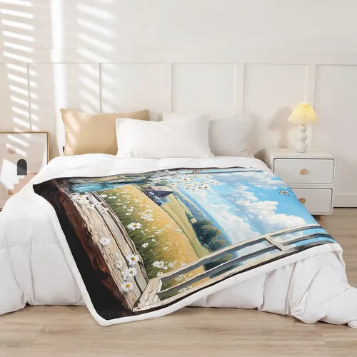 Miniatura 2 de Rustic Farmhouse Style Sherpa Blanket Retro Barn Truck Flannel Fleece Throw Blanket 40"x50" for Sofa Couch Country Daisy Flowers Ultra Soft Bed Blue
