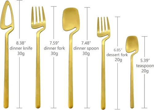 Miniatura 8 de Juego de cubiertos dorados mate, 20 piezas de cubiertos de acero inoxidable 304 colgantes para 4, juego de utensilios de cocina con acabado Oro