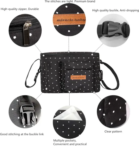 Miniatura 7 de Miracle Baby Bolsa organizadora de cochecito para mamá, bolsa universal de almacenamiento de cochecito, compatible con la mayoría de cochecitos