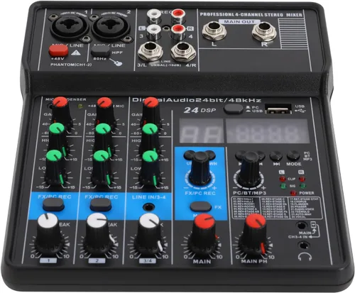 Mezclador de audio Bluetooth Live Studio de 4 canales, pantalla LED, consola de mezcla USB profesional con ecualizador de 3 bandas, consola de