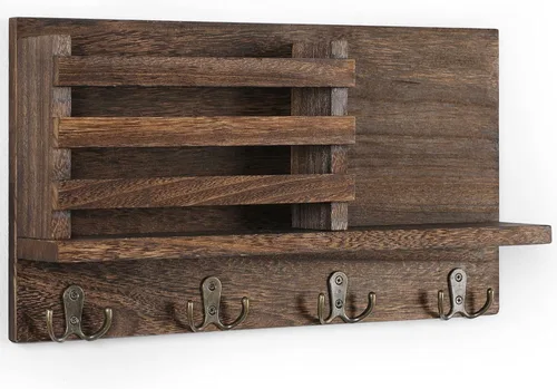 Miniatura 8 de Lwenki Soporte para llaves y correo para pared, madera rústica de Paulownia natural, 4 ganchos dobles, organizador montado en la pared