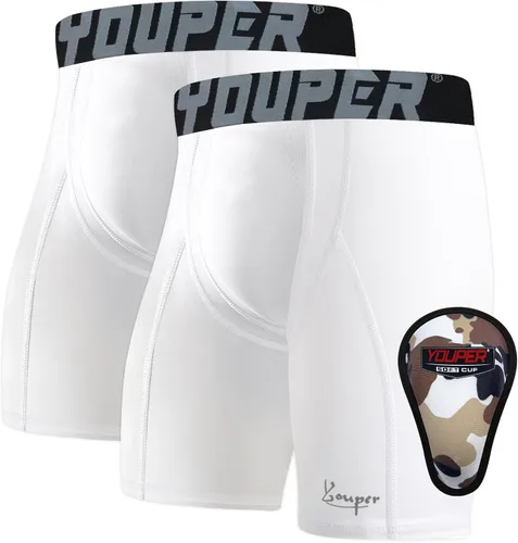 Miniatura 10 de Youper Pantalones cortos deslizantes de compresión para niños con copa protectora suave para béisbol, fútbol, hockey (paquete de 2)