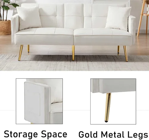 Miniatura 4 de Sofá cama tipo futón convertible de 69 pulgadas, 2 portavasos de terciopelo moderno con patas de metal, bolsillo lateral, sofá biplaza tapizado
