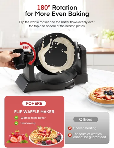 Miniatura 3 de Máquina para hacer gofres, plancha para gofres belga doble de 1400 W, giro de 180°, 8 rebanadas en 3 minutos, platos giratorios y antiadherentes