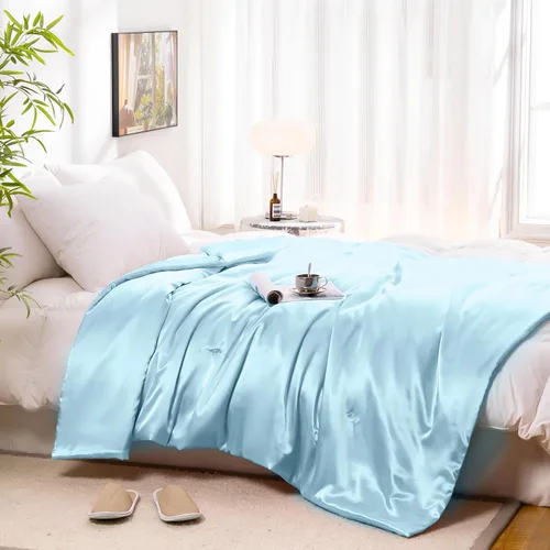 Miniatura 2 de Vonty Manta de Satén, Manta de Satén Azul Bebé de 50x60 Pulgadas, Refrescante y Sedosa, Sin Arrugas de Punto Trenzado para Sofá, Sofá, Cama