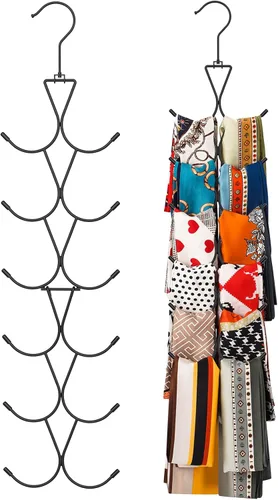 Miniatura 8 de Percha para bufandas, paquete de 2 unidades, 24 almacenamientos, colgador de bolso con gancho giratorio de 360, organizador de bufandas para Plateado