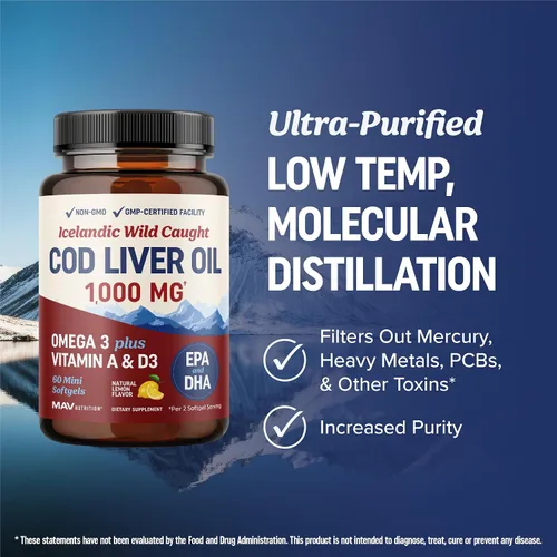Miniatura 7 de Cápsulas blandas de aceite de hígado de bacalao de 1000 mg Omega 3 + vitamina A y D3 Aceite de hígado de bacalao capturado en la naturaleza