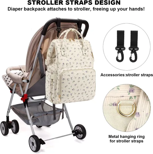 Miniatura 6 de Mochila de ante para pañales para bebés, niñas y niños, grandes bolsas de pañales para mamá (Corderoy beige floral púrpura)