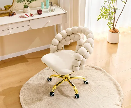 Miniatura 3 de Velvet Swivel Desk Chair with Bubble Back, Adjustable Height Computer Chair with Gold Metal Base, Modern Rolling Vanity Chair for Home Office (Beige)