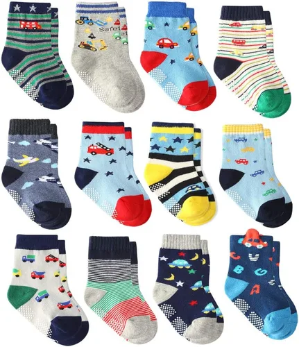 12 pares de calcetines para niños pequeños, antideslizantes, de algodón, calcetines antideslizantes para niños y niños