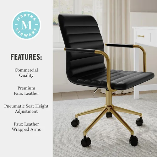 Miniatura 8 de Martha Stewart Taytum - Silla giratoria de escritorio con reposabrazos para oficina en casa, en cuero sintético negro con marco de latón pulido