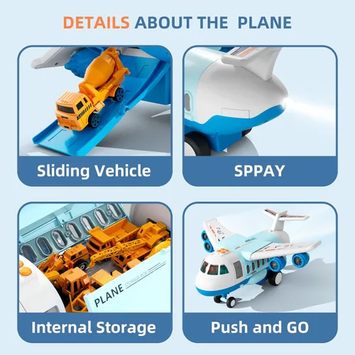 Miniatura 8 de Avión de carga de transporte, juego de juguetes de avión temáticos grandes, juego de vehículos de juguete educativo con sonido y luz de humo, avión