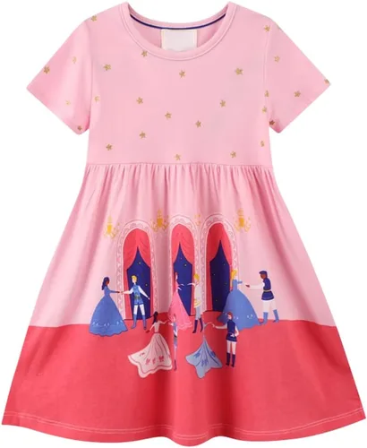Miniatura 2 de Vestidos casuales para niñas pequeñas, paquete de 2 unidades, de algodón, manga larga, cuello redondo, gráficos, de dibujos animados, para 3 a 6 años