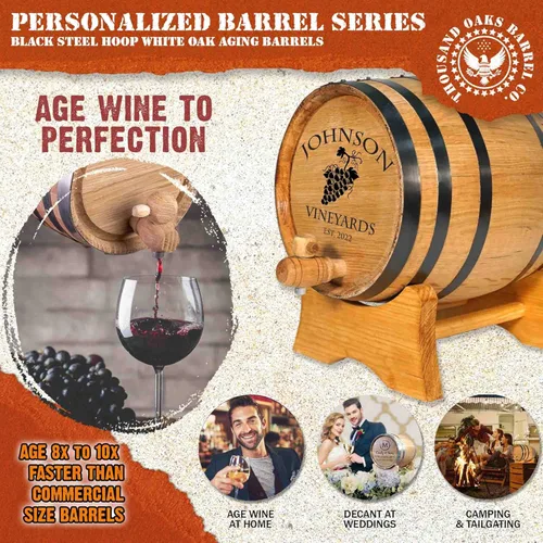 Miniatura 2 de Dispensador personalizado de barril de vino de roble de 5 litros (1 galón) con soporte de madera, bung y espiga, mini barriles de envejecimiento