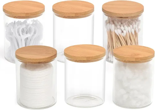 Miniatura 10 de BKYFPQ Juego de 2 dispensadores de vidrio para Qtip - Tarros de boticario con tapas, organizador de maquillaje de tocador y organizador