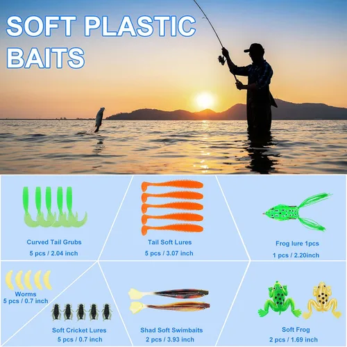Miniatura 4 de Kit de caja de aparejos de pesca, incluye señuelo animado, crankbaits, spinnerbaits, gusanos de plástico suave, señuelos de agua superior, ganchos