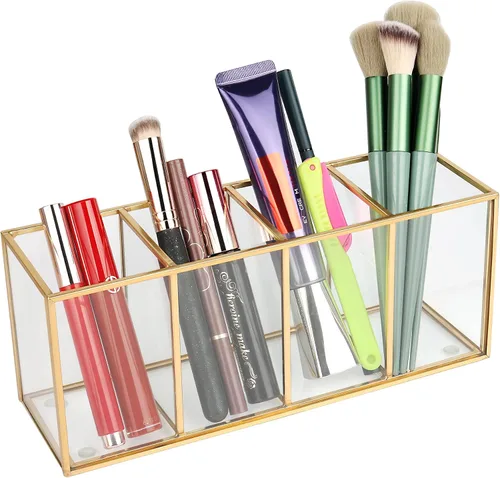 Miniatura 8 de ELEGANTLIFE Organizador de brochas de maquillaje de vidrio transparente, lujoso soporte de almacenamiento de cepillos de cosméticos de vidrio Negro