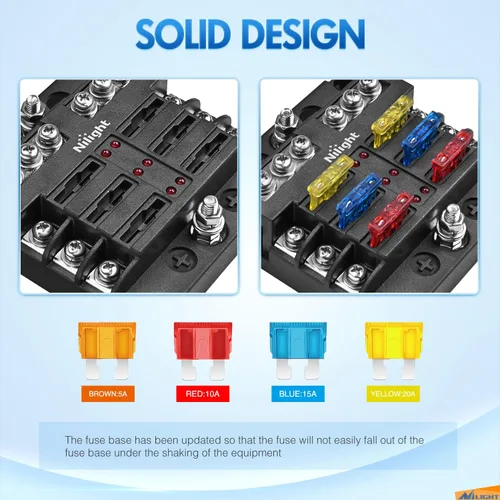 Miniatura 7 de Nilight - Bloque de fusibles de hoja de 6 vías 50055F, 6 circuitos con caja de fusibles de bus negativo con indicador LED ATO/ATC Panel de fusibles