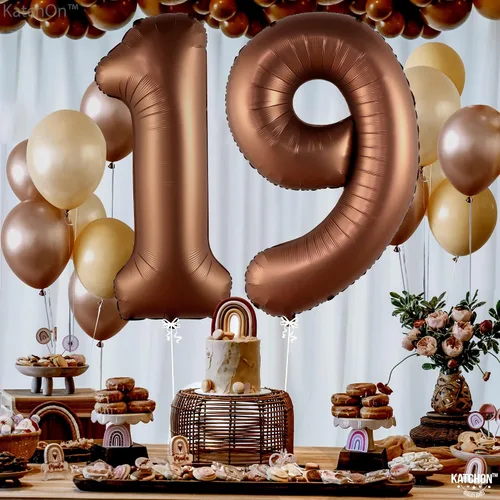 Miniatura 3 de Katchon Globos gigantes de papel de aluminio con el número 19 de color marrón de 40 pulgadas Decoraciones de cumpleaños 19
