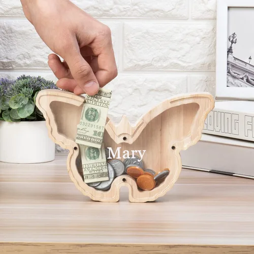 Miniatura 5 de Alcancía de madera personalizada con diseño de dinosaurio grabado con nombre grabado, caja de dinero para Navidad, cumpleaños, regalo divertido