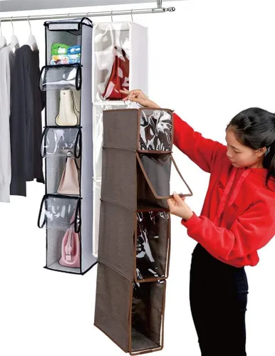 Miniatura 2 de Organizador de bolso de 4 niveles con funda a prueba de polvo, armario plegable para colgar, estantes de almacenamiento, sistema de almacenamiento