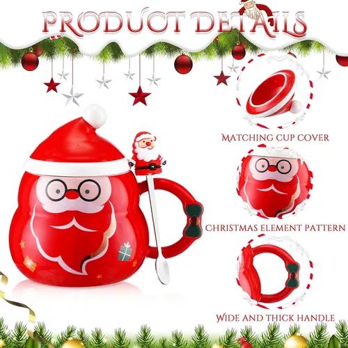 Miniatura 3 de Yaomiao 4 Tazas de Navidad con Tapa de Gorro de Santa y Cuchara 16 oz Taza de Café de Cerámica Linda de Navidad Árbol Festivo Campana Santa Muñeco