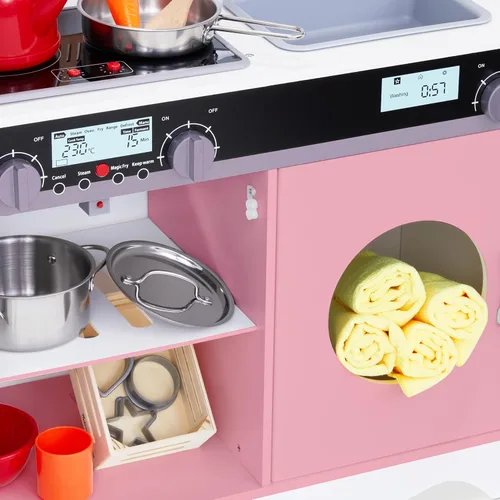 Miniatura 8 de Lil' Jumbl Juego de cocina rosa para niños, cocina de juego de madera de simulación, máquina de hielo a pilas, microondas, campana extractora