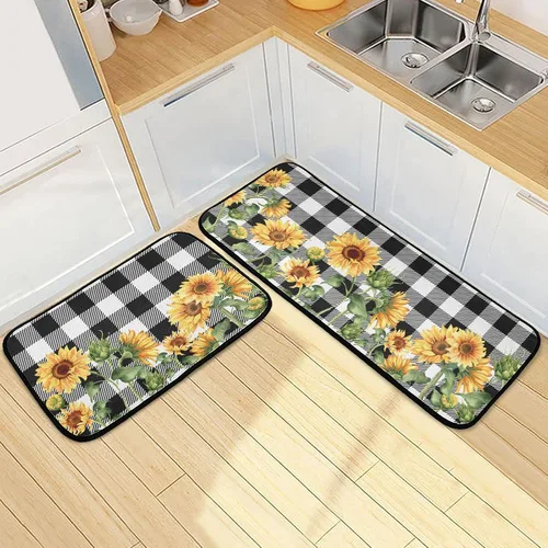 Miniatura 17 de Alfombras de cocina con girasoles para cocina, 2 piezas de búfalo a cuadros, girasol, antifatiga, alfombra antideslizante para piso, alfombra