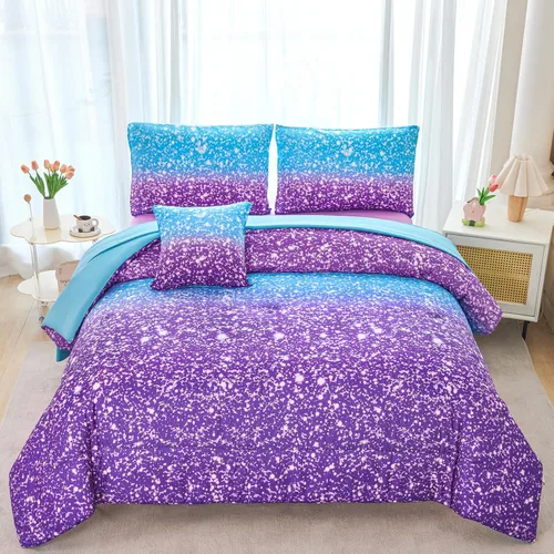 Miniatura 12 de RYNGHIPY Juego de ropa de cama tamaño matrimonial de sirena para niñas, colorido arco iris, juego de edredón con sábanas suaves y ligeras, 6 piezas