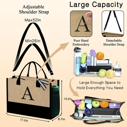 Miniatura 2 de YOOLIFE Regalos para mujeres, bolsa de yute con inicial y 2 bolsas de maquillaje, regalos personalizados para mujeres, profesores, mamá, amiga