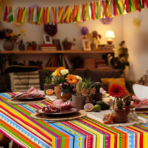 Miniatura 7 de Kochorie Mantel de plástico para fiesta mexicana, 2 piezas, mantel rectangular desechable para fiesta de cumpleaños temática mexicana, suministros
