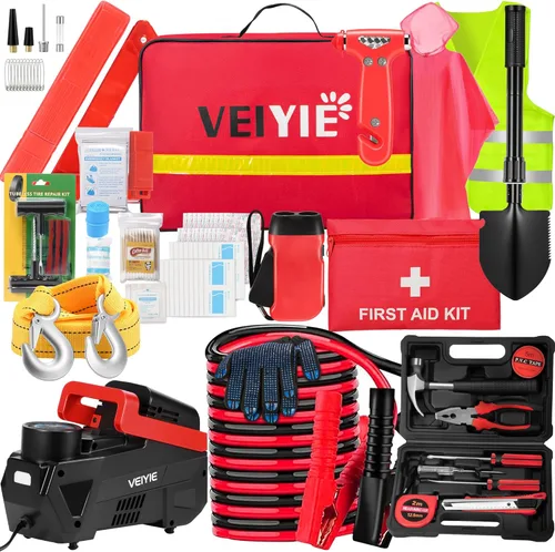 Miniatura 12 de Kit de emergencia en carretera para vehículos, kit de primeros auxilios de emergencia con compresor de aire portátil, cables de puente resistentes