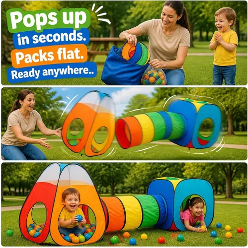 Miniatura 6 de Tienda de campaña desplegable de 3 piezas: 1 túnel de gateo + 2 tiendas de campaña: tiendas de campaña para niños, niñas, bebés y niños pequeños
