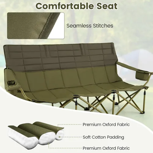 Miniatura 4 de Goplus Silla de campamento para 3 personas para adultos, silla plegable de gran tamaño para exteriores baja con portavasos y acolchado grueso, silla