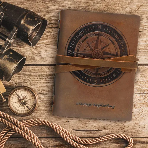 Miniatura 5 de Diario encuadernado en cuero para hombres y mujeres, juego de regalo hecho a mano con brújula náutica en relieve y bolígrafo elegante, vintage