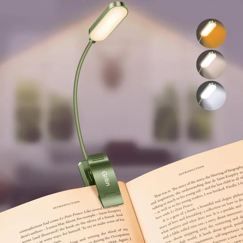 Gritin Luz de libro recargable de 16 LED para leer en la cama, cuidado de los ojos, 3 temperaturas de color, brillo de atenuación continua, 80 horas