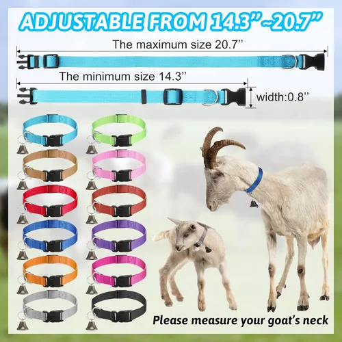 Miniatura 2 de 12 juegos de collares de cabra con campanas, caballo, oveja, pastoreo, campanas de vaca, collar ajustable de nailon para perro con hebilla