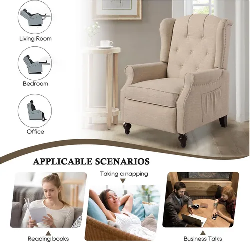 Miniatura 5 de Silla reclinable PALLOME con respaldo alto, asiento con masaje y calor, tapizado de tela, con respaldo acolchado, silla reclinable para sala de Beige