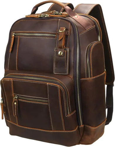 Lannsyne Mochila vintage de cuero de grano completo para hombre de 15.6 pulgadas, mochila para laptop de camping y viajes, mochila de 24 L, Marrón,