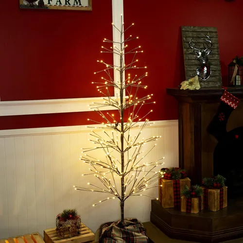 Miniatura 2 de Alpine Corporation Árbol de Navidad artificial marrón flocado de 71 pulgadas de alto con 296 luces LED blancas cálidas, decoración navideña