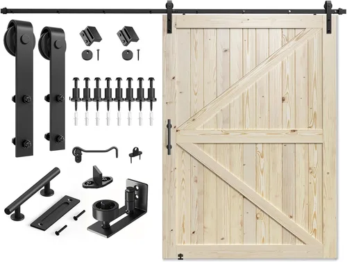 SMARTSTANDARD Puerta corredera de granero de 54 x 84 pulgadas con kit de herrajes para puerta de granero de 9 pies incluido, puerta de madera maciza