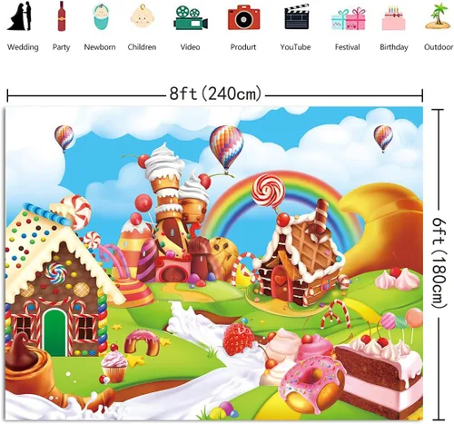 Miniatura 6 de Candyland - Telón de fondo de dibujos animados de 8 x 6 pies, diseño de piruleta de arcoíris, dulce dona, caramelo, fondo de fotografía para primer
