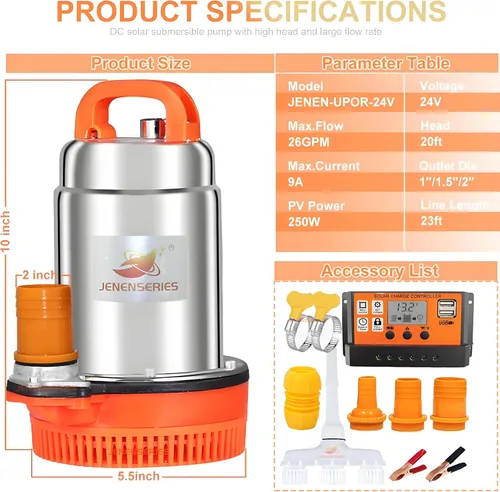 Miniatura 2 de Bombas sumergibles solares de 250 W CC 24 V, bomba solar de agua de pozo profundo de 2 pulgadas, cabeza máxima de 20 pies, flujo de 26 GPM