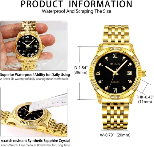Miniatura 7 de BINLUN Reloj de pulsera para hombre, mecánico automático, reloj dorado con cuerda automática, elegante, chapado en oro de 18 quilates, relojes