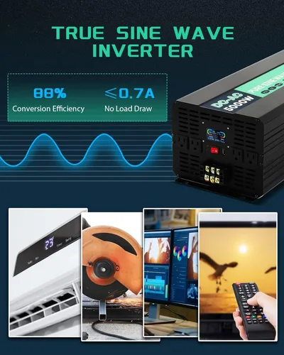 Miniatura 3 de 5000W 48V Inversor de Potencia de Onda Senoidal Pura 48V CC a 110V CA con Control Remoto Inalámbrico Pantalla LCD 4 Tomas de CA, 1 USB y Bloques