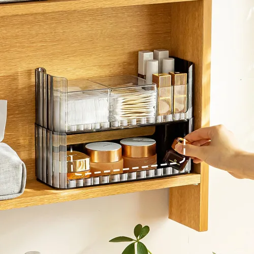 Miniatura 6 de Organizador de estantes de 2 niveles para botiquín, compartimentos para almacenamiento de maquillaje, bandejas de estante para pared de gabinete