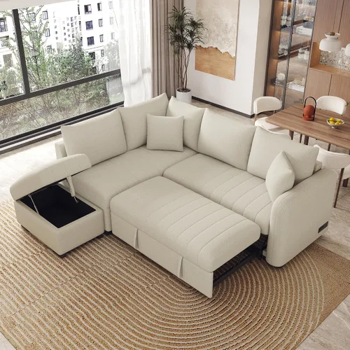 Miniatura 19 de Sofá cama modular de 104 pulgadas con diván convertible de almacenamiento y taburetes para sala de estar, moderno sofá cama extraíble de 3 asientos